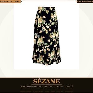 Sézane Black Peach Rose Floral A-Line Midi Skirt Size 10 | Made in Portugal |